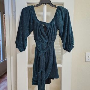 Michael Costello x Revolve Teal Shimmer Pleated Wrap Mini Dress M FLAW READ DESC